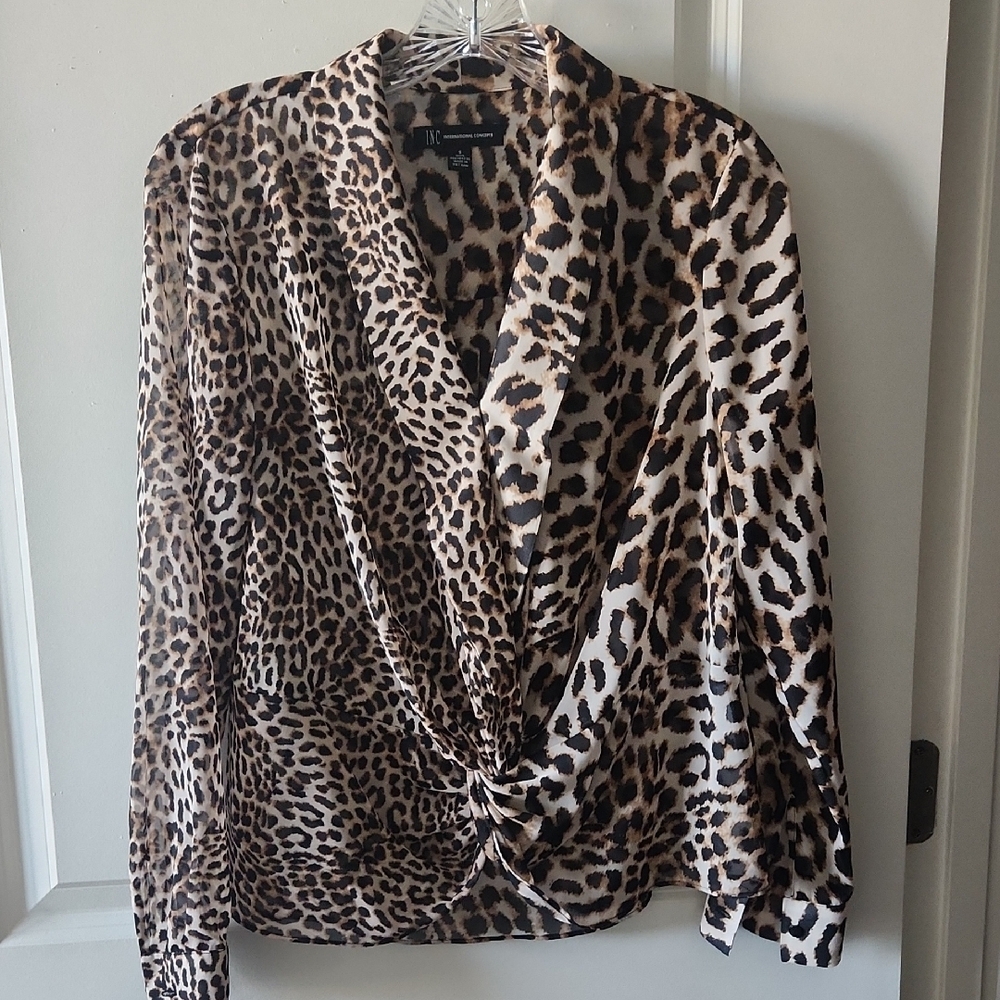 INC International Concepts Leopard Print Blouse, Size Small, Long Sleeve